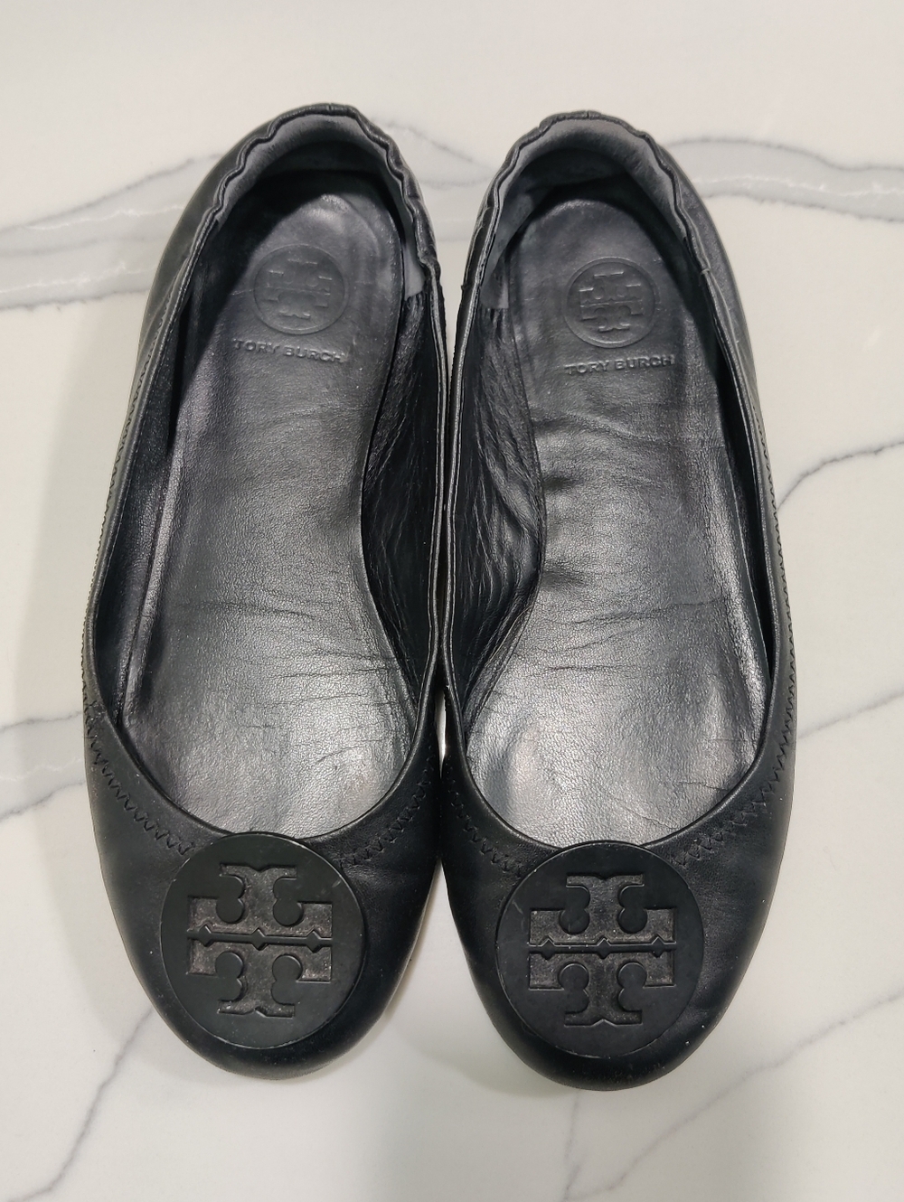 Tory Burch Black Leather Minnie Travel Ballet Flats
